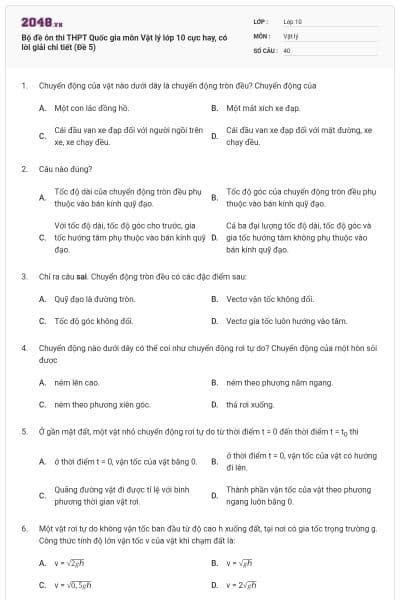 Bộ đề ôn thi THPT Quốc gia môn Vật lý lớp 10 cực hay, có lời giải chi tiết (Đề 5)
