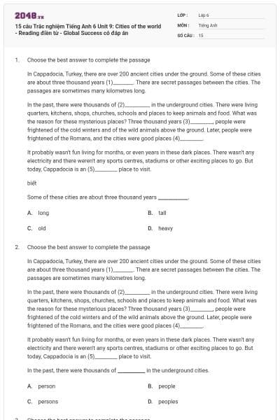 15 câu Trắc nghiệm Tiếng Anh 6 Unit 9: Cities of the world - Reading điền từ - Global Success có đáp án