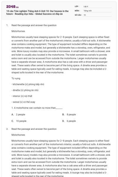 10 câu Trắc nghiệm Tiếng Anh 6 Unit 10: Our houses in the future - Reading đọc hiểu - Global Success có đáp án