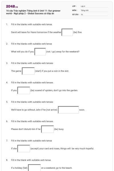 16 câu Trắc nghiệm Tiếng Anh 6 Unit 11: Our greener world - Ngữ pháp 2 - Global Success có đáp án