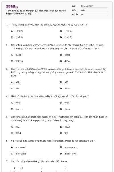 Tổng hợp 20 đề thi thử thpt quốc gia môn Toán cực hay có lời giải chi tiết(Đề số 17)