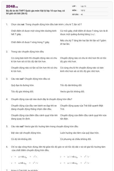 Bộ đề ôn thi THPT Quốc gia môn Vật lý lớp 10 cực hay, có lời giải chi tiết (Đề 6)
