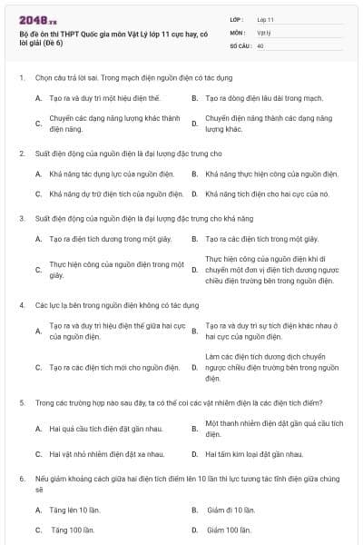 Bộ đề ôn thi THPT Quốc gia môn Vật Lý lớp 11 cực hay, có lời giải (Đề 6)