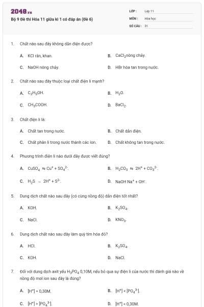 Bộ 9 Đề thi Hóa 11 giữa kì 1 có đáp án (Đề 6)