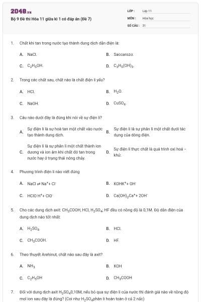 Bộ 9 Đề thi Hóa 11 giữa kì 1 có đáp án (Đề 7)