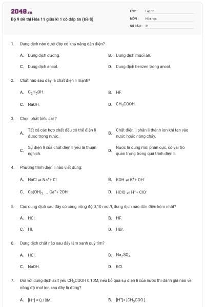 Bộ 9 Đề thi Hóa 11 giữa kì 1 có đáp án (Đề 8)