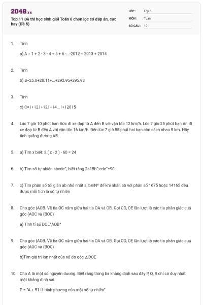 Top 11 Đề thi học sinh giỏi Toán 6 chọn lọc có đáp án, cực hay (Đề 6)