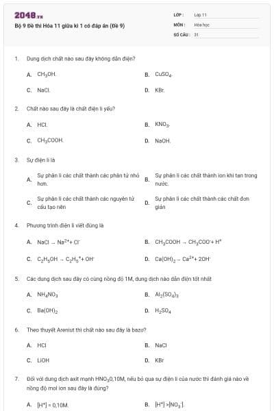 Bộ 9 Đề thi Hóa 11 giữa kì 1 có đáp án (Đề 9)