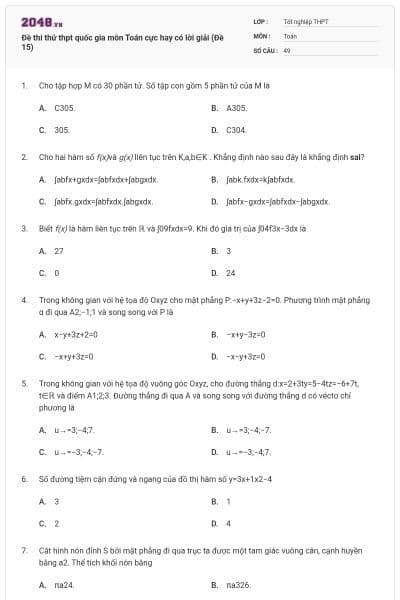 Đề thi thử thpt quốc gia môn Toán cực hay có lời giải (Đề 15)