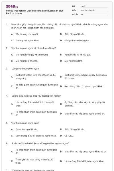 50 câu Trắc nghiệm Giáo dục công dân 6 Kết nối tri thức Bài 2 có đáp án