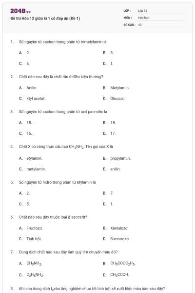 Đề thi Hóa 12 giữa kì 1 có đáp án (Đề 1)
