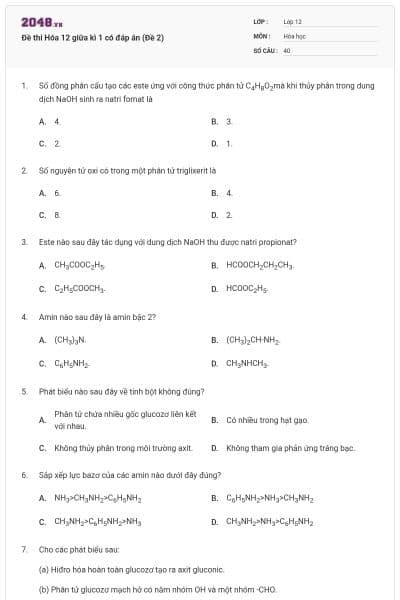 Đề thi Hóa 12 giữa kì 1 có đáp án (Đề 2)