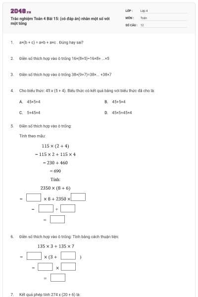 Trắc nghiệm Toán 4 Bài 15: (có đáp án) nhân một số với một tổng
