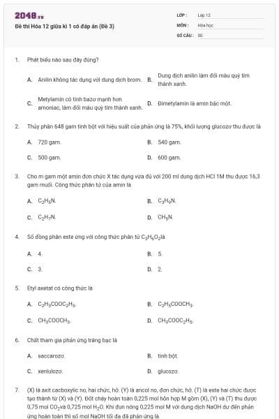 Đề thi Hóa 12 giữa kì 1 có đáp án (Đề 3)