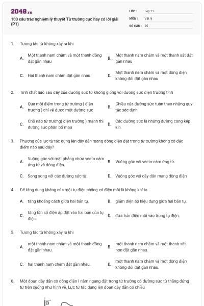 100 câu trắc nghiệm lý thuyết Từ trường cực hay có lời giải (P1)