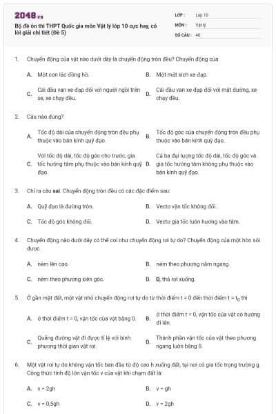 Bộ đề ôn thi THPT Quốc gia môn Vật lý lớp 10 cực hay, có lời giải chi tiết (Đề 5)