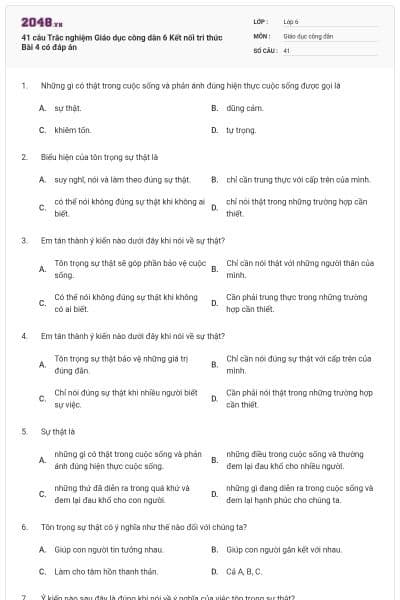 41 câu Trắc nghiệm Giáo dục công dân 6 Kết nối tri thức Bài 4 có đáp án
