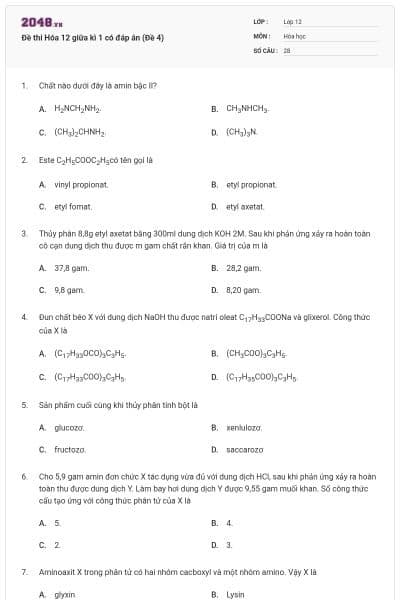 Đề thi Hóa 12 giữa kì 1 có đáp án (Đề 4)
