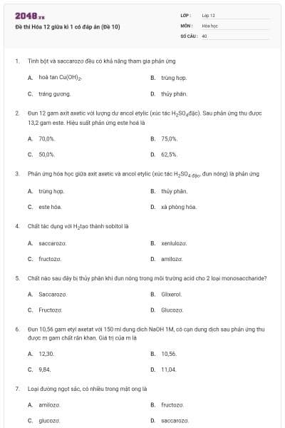 Đề thi Hóa 12 giữa kì 1 có đáp án (Đề 10)