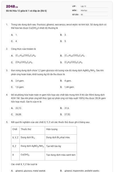 Đề thi Hóa 12 giữa kì 1 có đáp án (Đề 6)