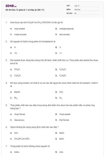 Đề thi Hóa 12 giữa kì 1 có đáp án (Đề 11)