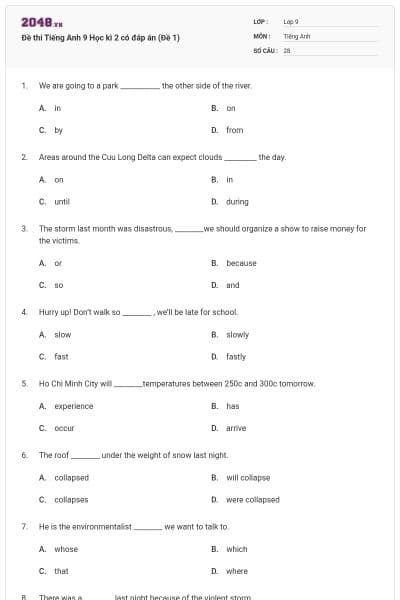 Đề thi Tiếng Anh 9 Học kì 2 có đáp án (Đề 1)