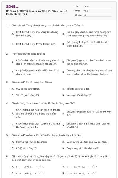 Bộ đề ôn thi THPT Quốc gia môn Vật lý lớp 10 cực hay, có lời giải chi tiết (Đề 6)