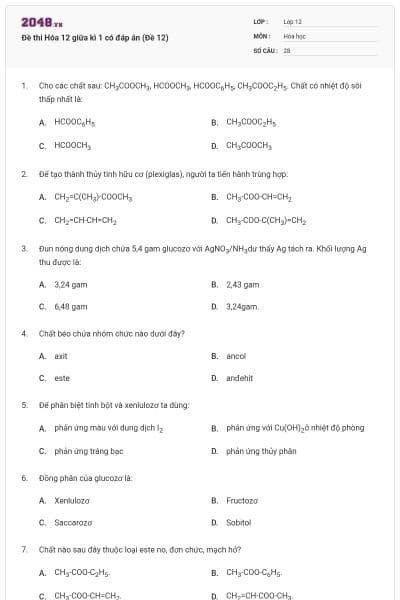 Đề thi Hóa 12 giữa kì 1 có đáp án (Đề 12)