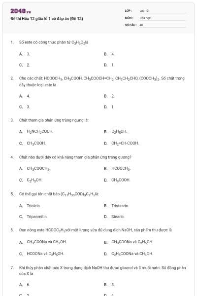 Đề thi Hóa 12 giữa kì 1 có đáp án (Đề 13)