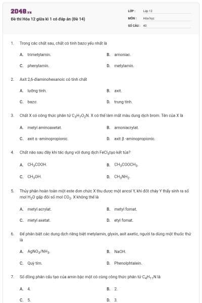 Đề thi Hóa 12 giữa kì 1 có đáp án (Đề 14)