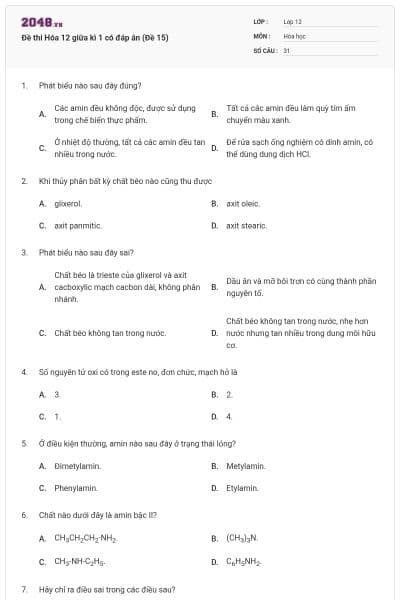Đề thi Hóa 12 giữa kì 1 có đáp án (Đề 15)