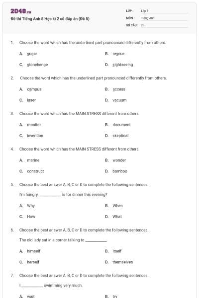 Đề thi Tiếng Anh 8 Học kì 2 có đáp án (Đề 5)