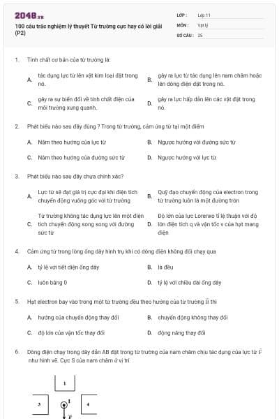 100 câu trắc nghiệm lý thuyết Từ trường cực hay có lời giải (P2)