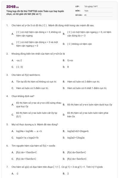 Tổng hợp đề thi thử THPTQG môn Toán cực hay tuyển chọn, có lời giải chi tiết (Đề số 1)