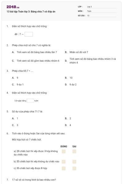 13 bài tập Toán lớp 3: Bảng chia 7 có đáp án
