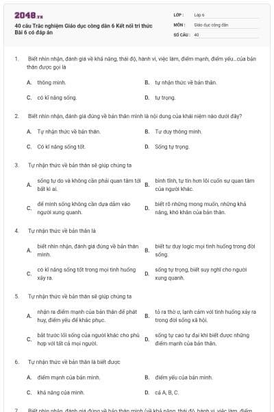 40 câu Trắc nghiệm Giáo dục công dân 6 Kết nối tri thức Bài 6 có đáp án