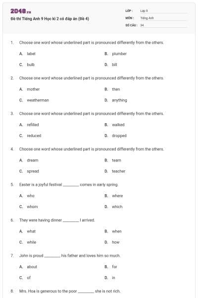 Đề thi Tiếng Anh 9 Học kì 2 có đáp án (Đề 4)