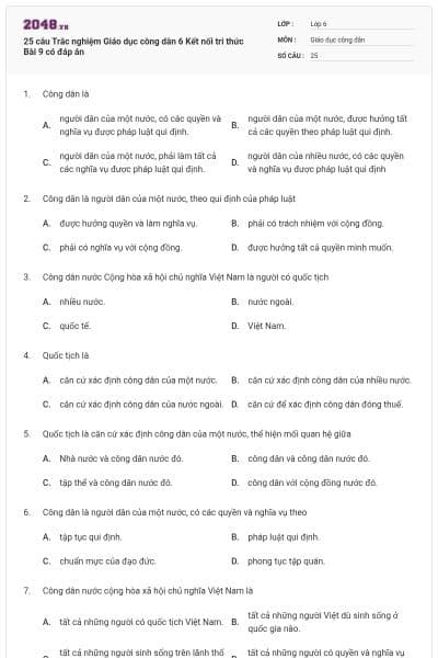 25 câu Trắc nghiệm Giáo dục công dân 6 Kết nối tri thức Bài 9 có đáp án