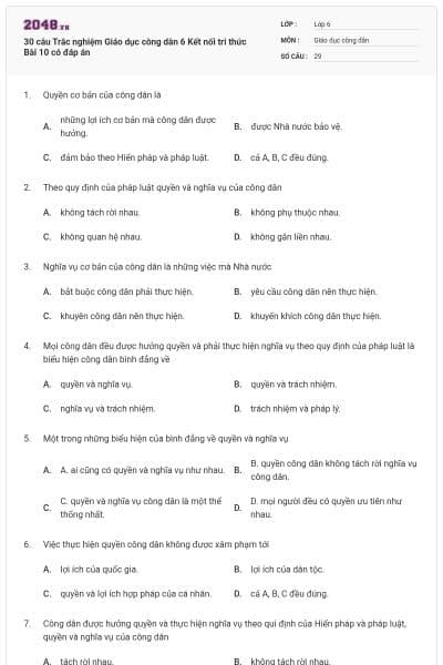 30 câu Trắc nghiệm Giáo dục công dân 6 Kết nối tri thức Bài 10 có đáp án