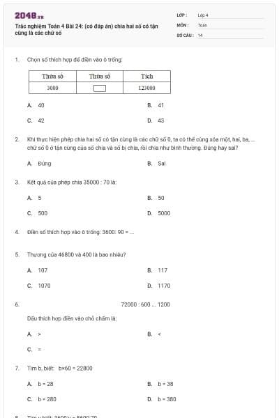 Trắc nghiệm Toán 4 Bài 24: (có đáp án) chia hai số có tận cùng là các chữ số