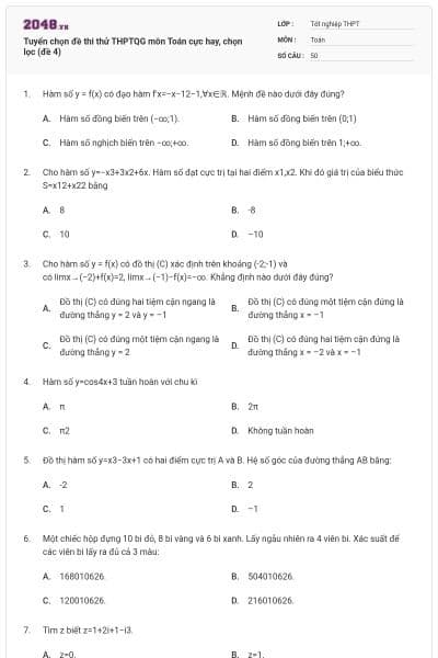 Tuyển chọn đề thi thử THPTQG môn Toán cực hay, chọn lọc (đề 4)