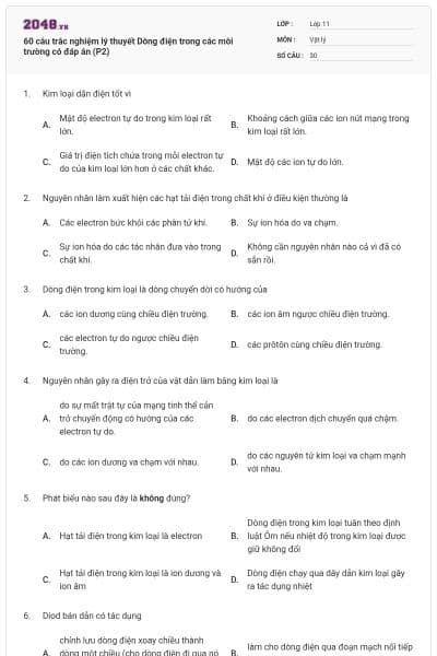 60 câu trắc nghiệm lý thuyết Dòng điện trong các môi trường có đáp án (P2)