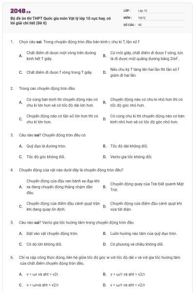 Bộ đề ôn thi THPT Quốc gia môn Vật lý lớp 10 cực hay, có lời giải chi tiết (Đề 6)