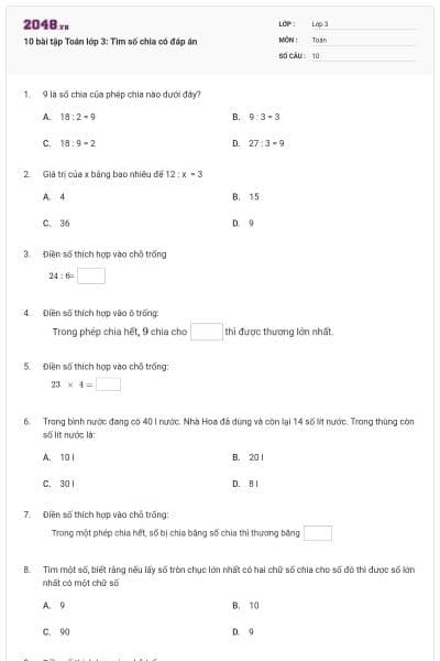 10 bài tập Toán lớp 3: Tìm số chia có đáp án