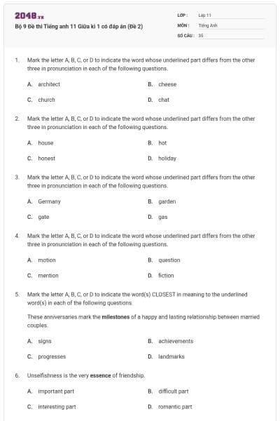 Bộ 9 Đề thi Tiếng anh 11 Giữa kì 1 có đáp án (Đề 2)