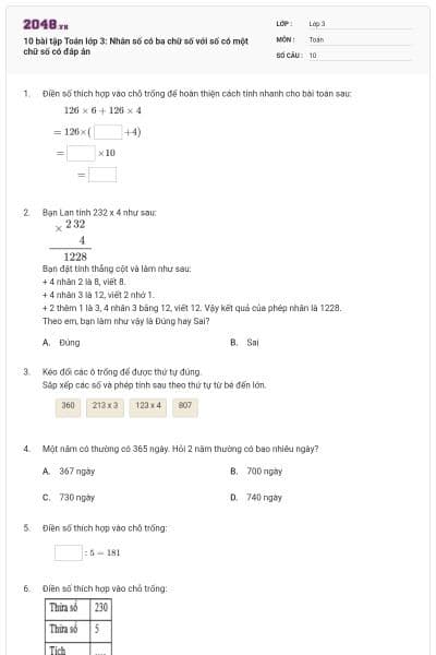 10 bài tập Toán lớp 3: Nhân số có ba chữ số với số có một chữ số có đáp án