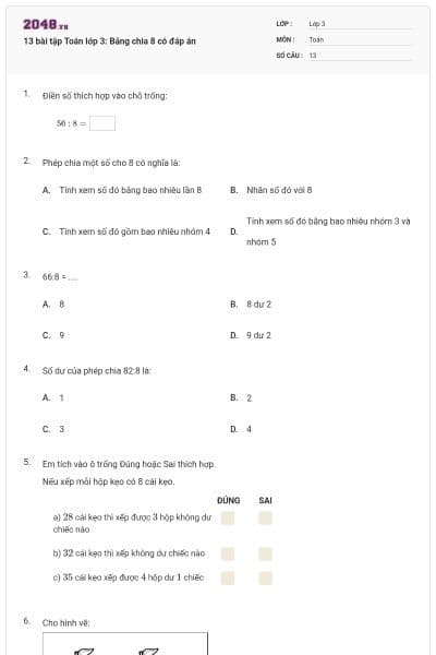 13 bài tập Toán lớp 3: Bảng chia 8 có đáp án