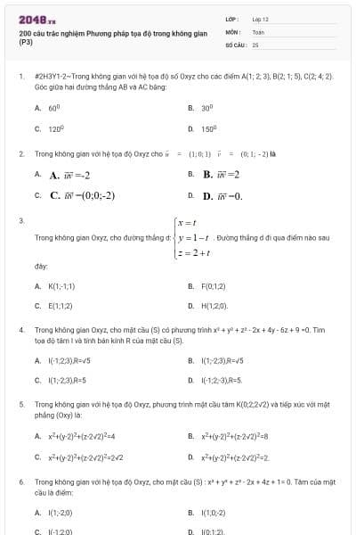 200 câu trắc nghiệm Phương pháp tọa độ trong không gian (P3)
