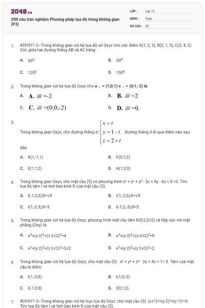 200 câu trắc nghiệm Phương pháp tọa độ trong không gian (P3)