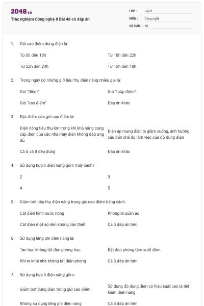 Trắc nghiệm Công nghệ 8 Bài 48 có đáp án